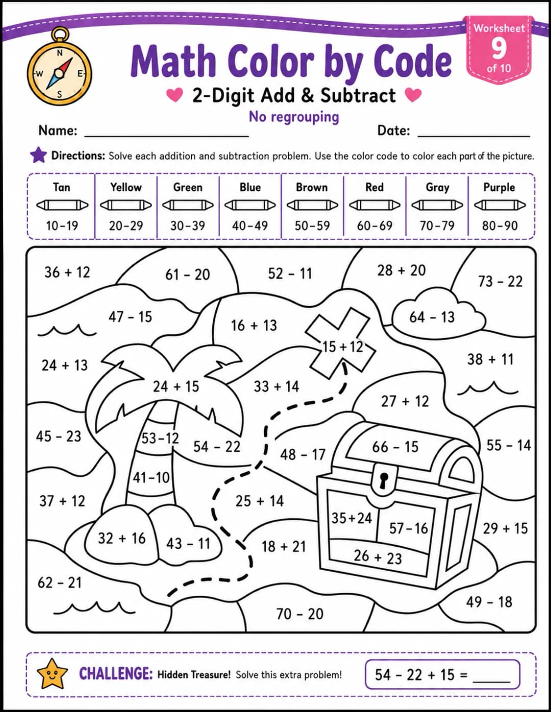 Math Color by Code: 2-Digit Add & Subtract