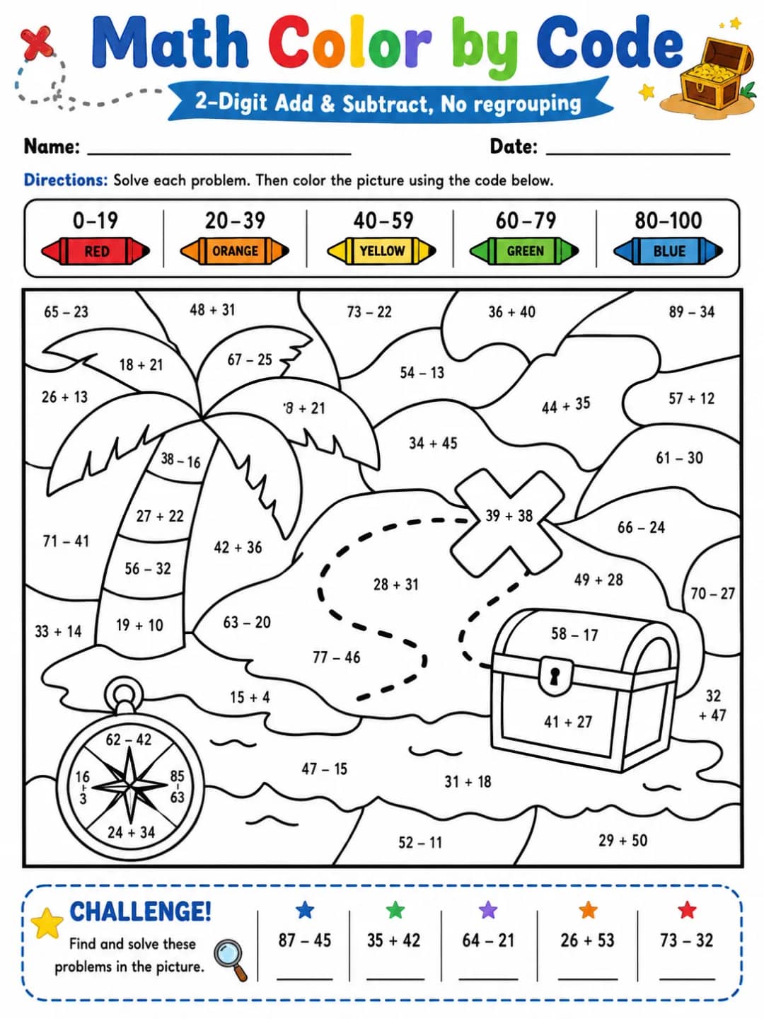 Math Color by Code: 2-Digit Add & Subtract, No regrouping printable Grade 3 worksheet preview from KiwiBee