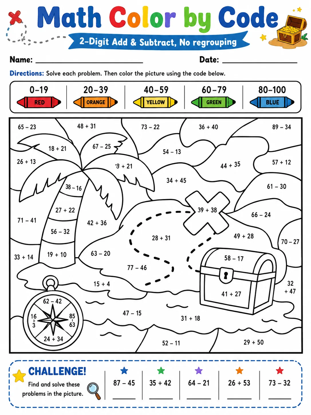 Math Color by Code: 2-Digit Add & Subtract, No regrouping printable Grade 3 worksheet preview from KiwiBee