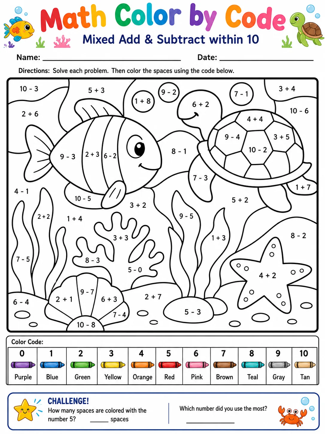 Math Color by Code: Mixed Add & Subtract within 10 printable Grade 1 worksheet preview from KiwiBee
