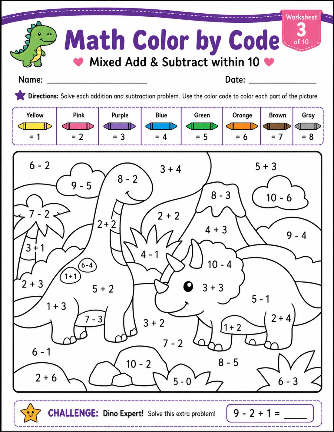 Math Color by Code: Mixed Add & Subtract within 10: Worksheet 3 printable Grade 1 worksheet preview from KiwiBee