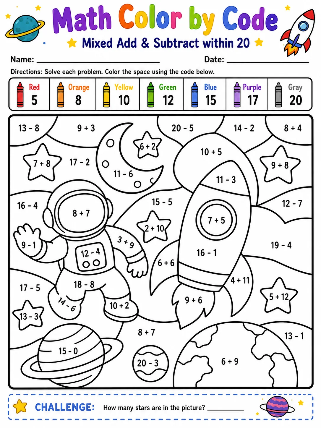 Math Color by Code: ★ Mixed Add & Subtract within 20 ★ printable Grade 2 worksheet preview from KiwiBee