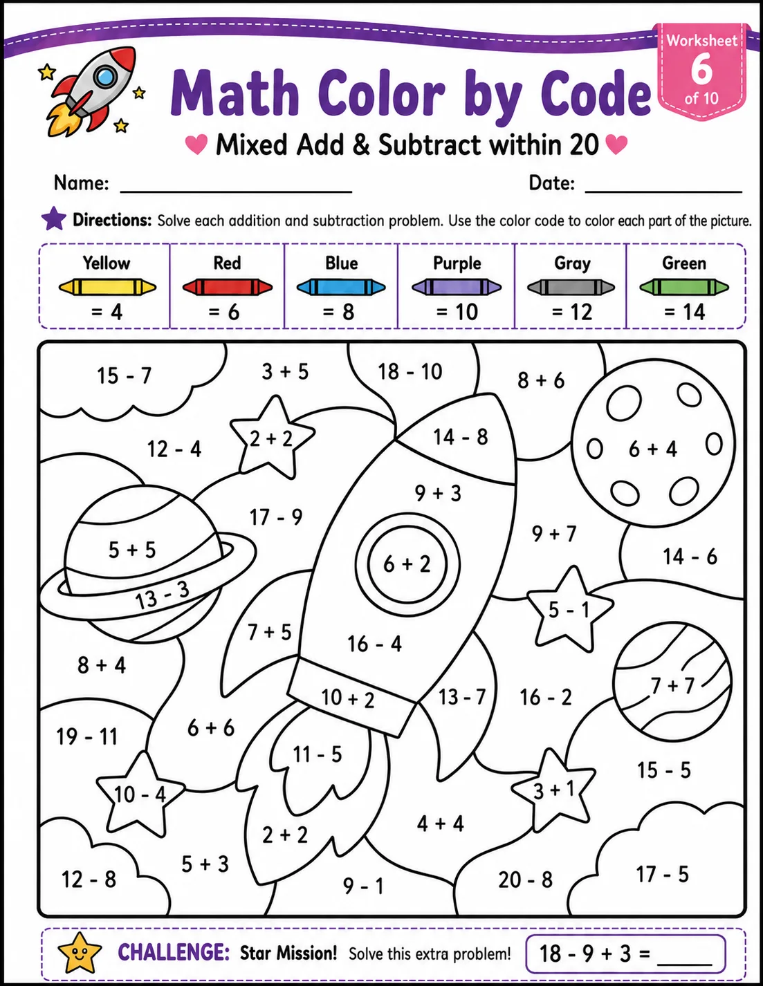 Math Color by Code: Mixed Add & Subtract within 20: Worksheet 6 printable Grade 2 worksheet preview from KiwiBee