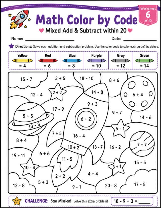 Math Color by Code: Mixed Add & Subtract within 20: Worksheet 6