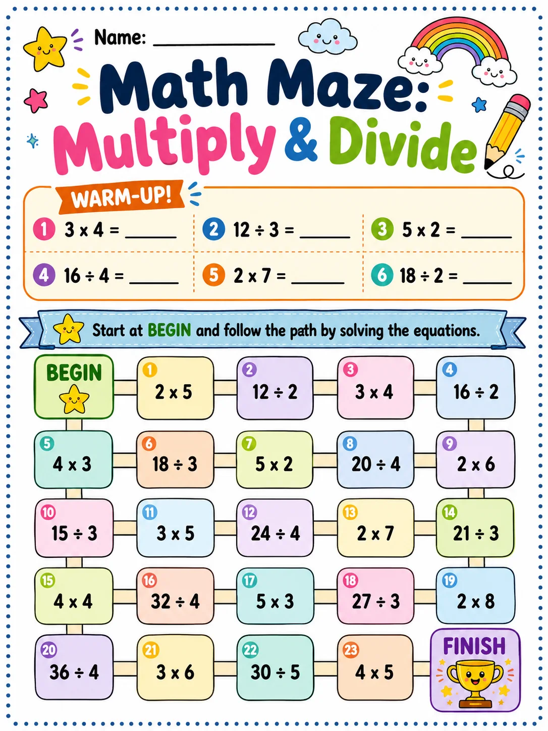 Math Maze: Multiply & Divide printable Grade 2 worksheet preview from KiwiBee