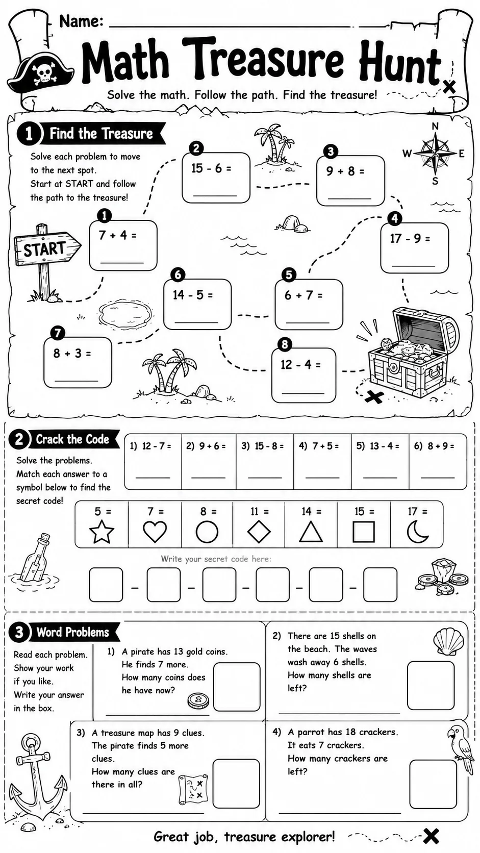 Math Treasure Hunt printable Grade 2 worksheet preview from KiwiBee