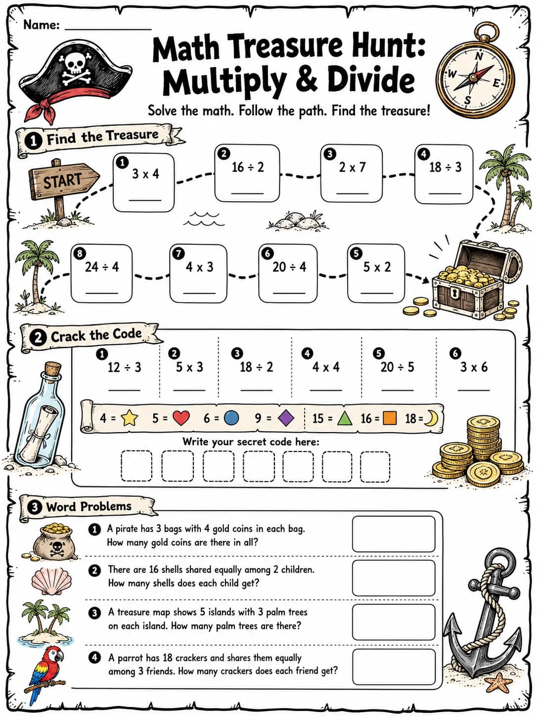 Math Treasure Hunt: Multiply & Divide printable Grade 2 worksheet preview from KiwiBee