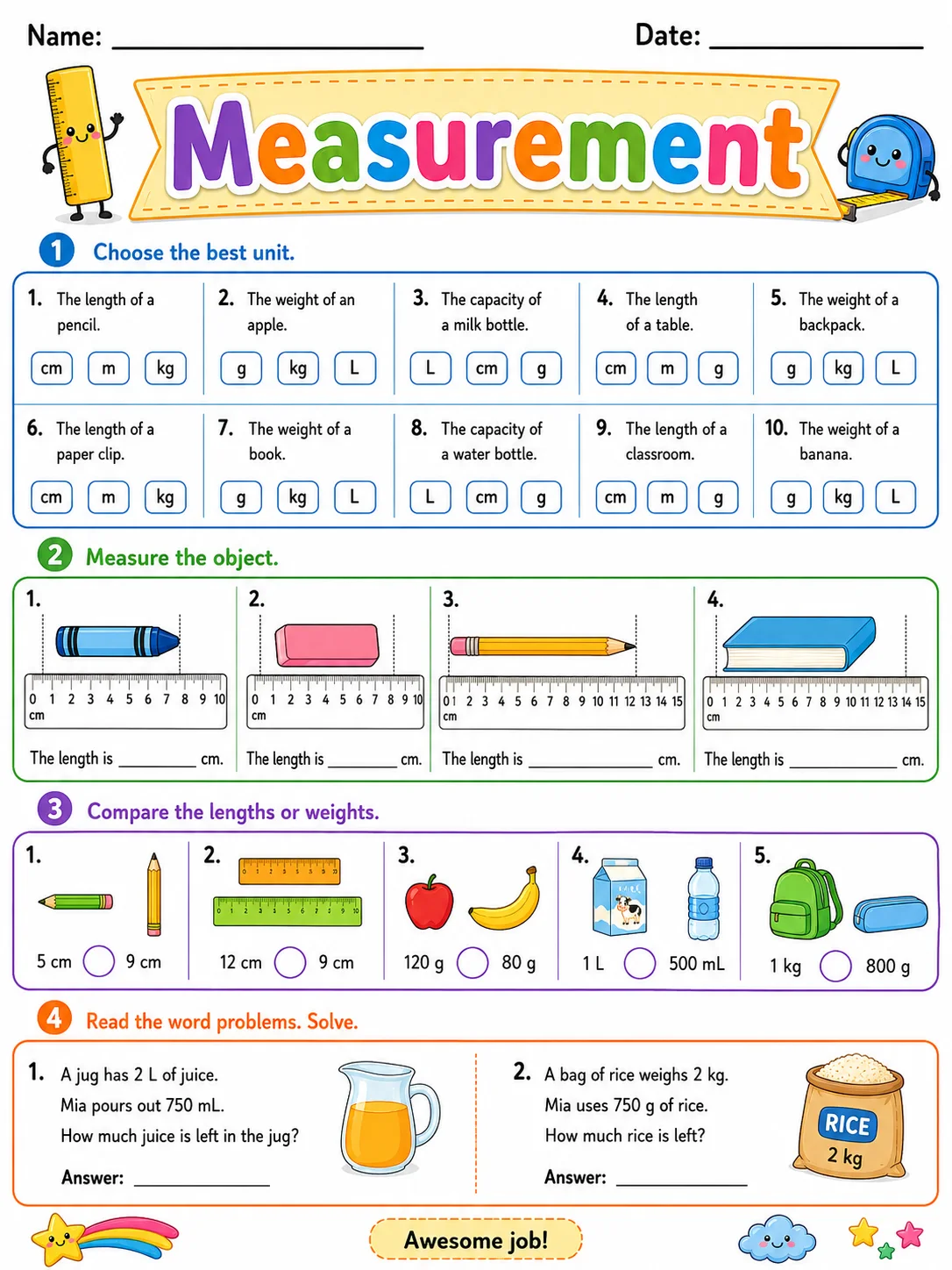 Measurement printable Grade 2 worksheet preview from KiwiBee