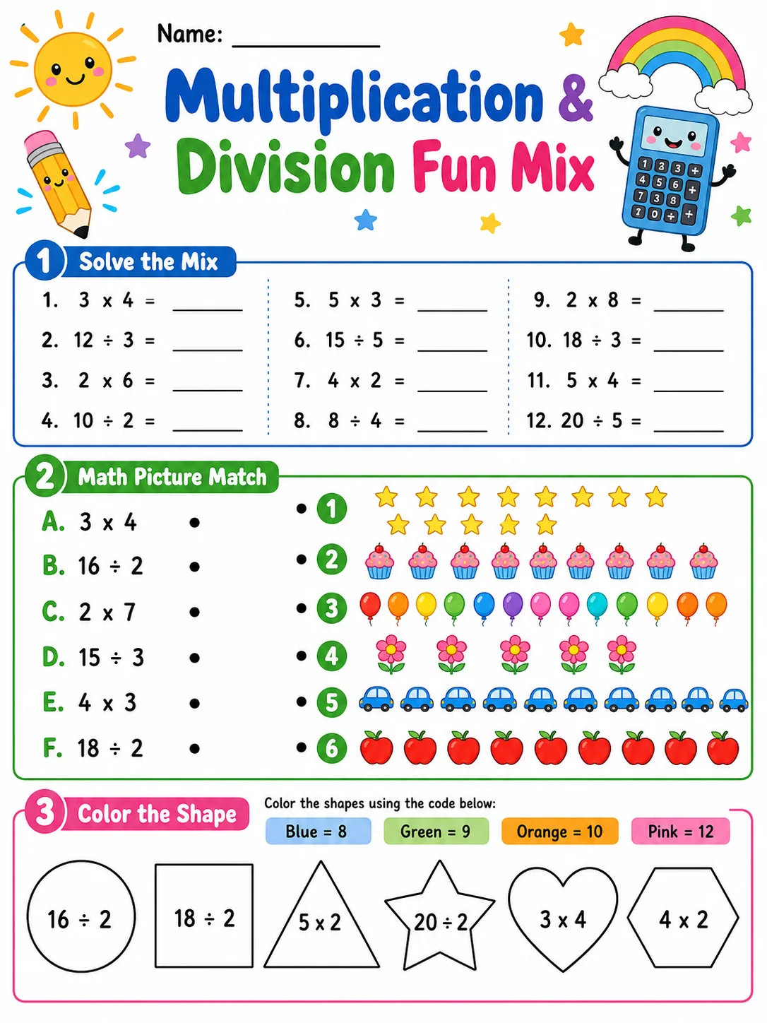 Multiplication & Division Fun Mix printable Grade 3 worksheet preview from KiwiBee