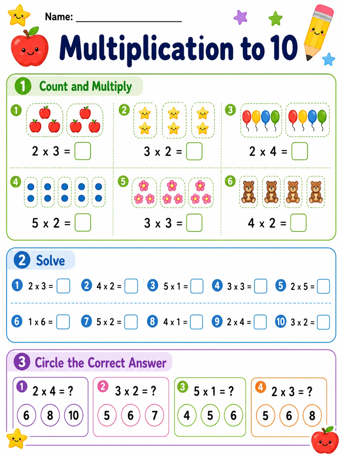 Multiplication to 10 printable Grade 3 worksheet preview from KiwiBee