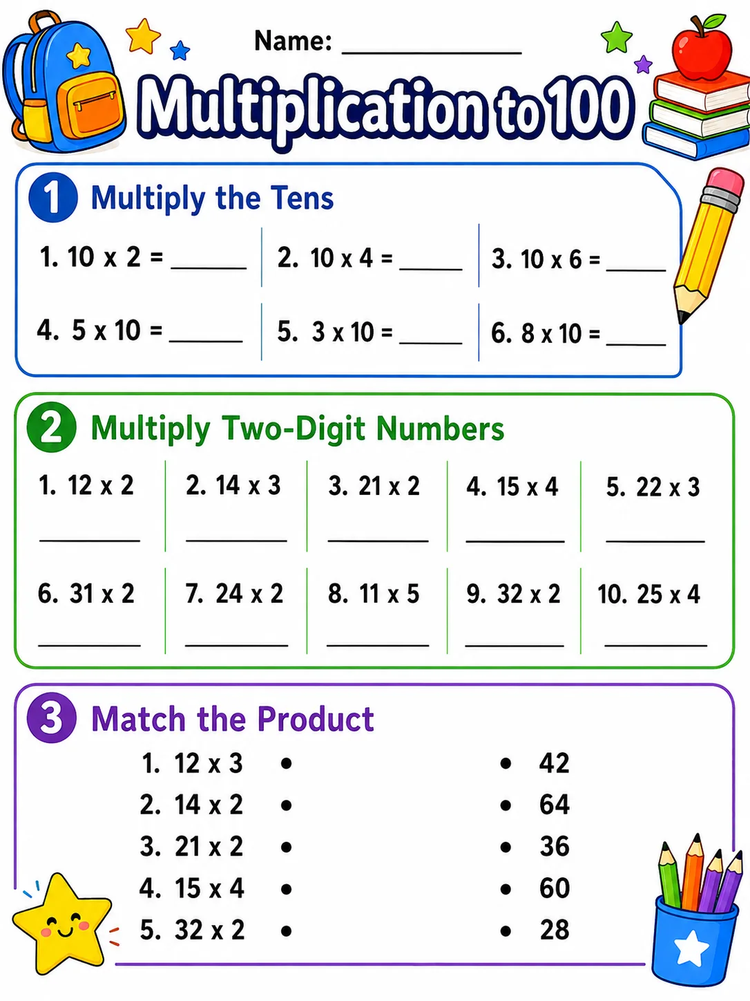 Multiplication to 10 - Set 2 printable Grade 3 worksheet preview from KiwiBee