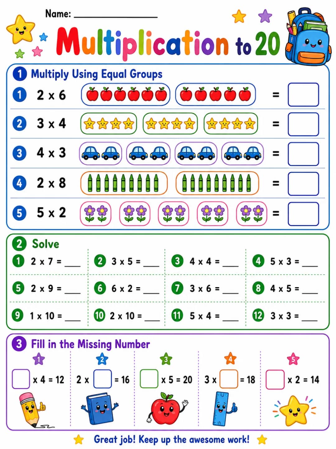 Multiplication to 20 printable Grade 3 worksheet preview from KiwiBee