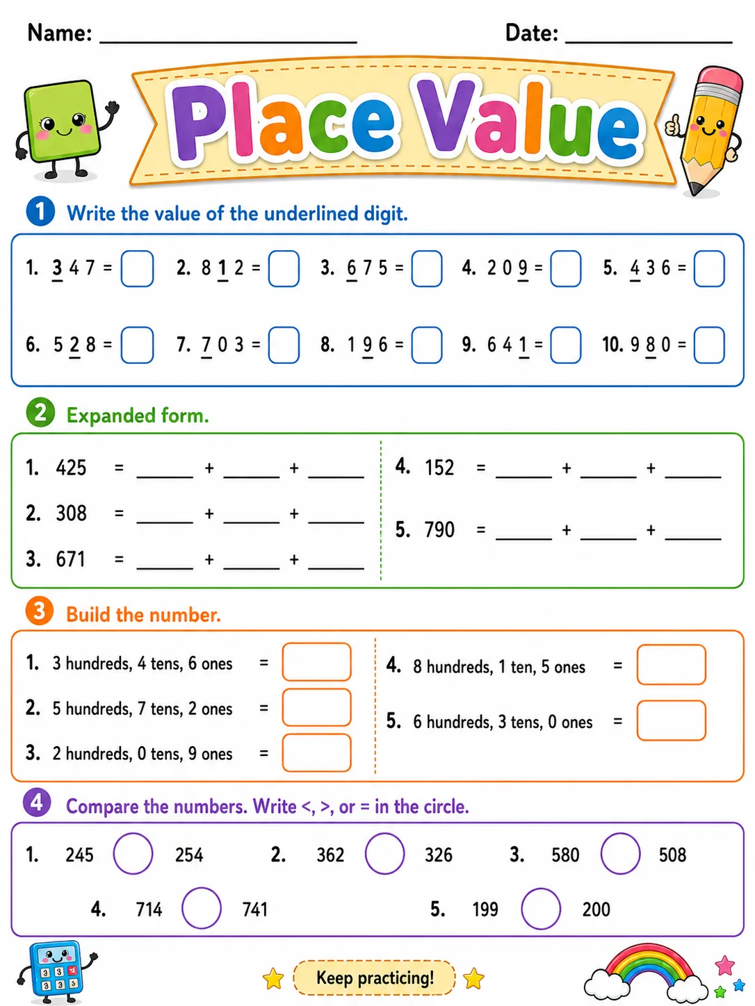 Place Value printable Grade 2 worksheet preview from KiwiBee