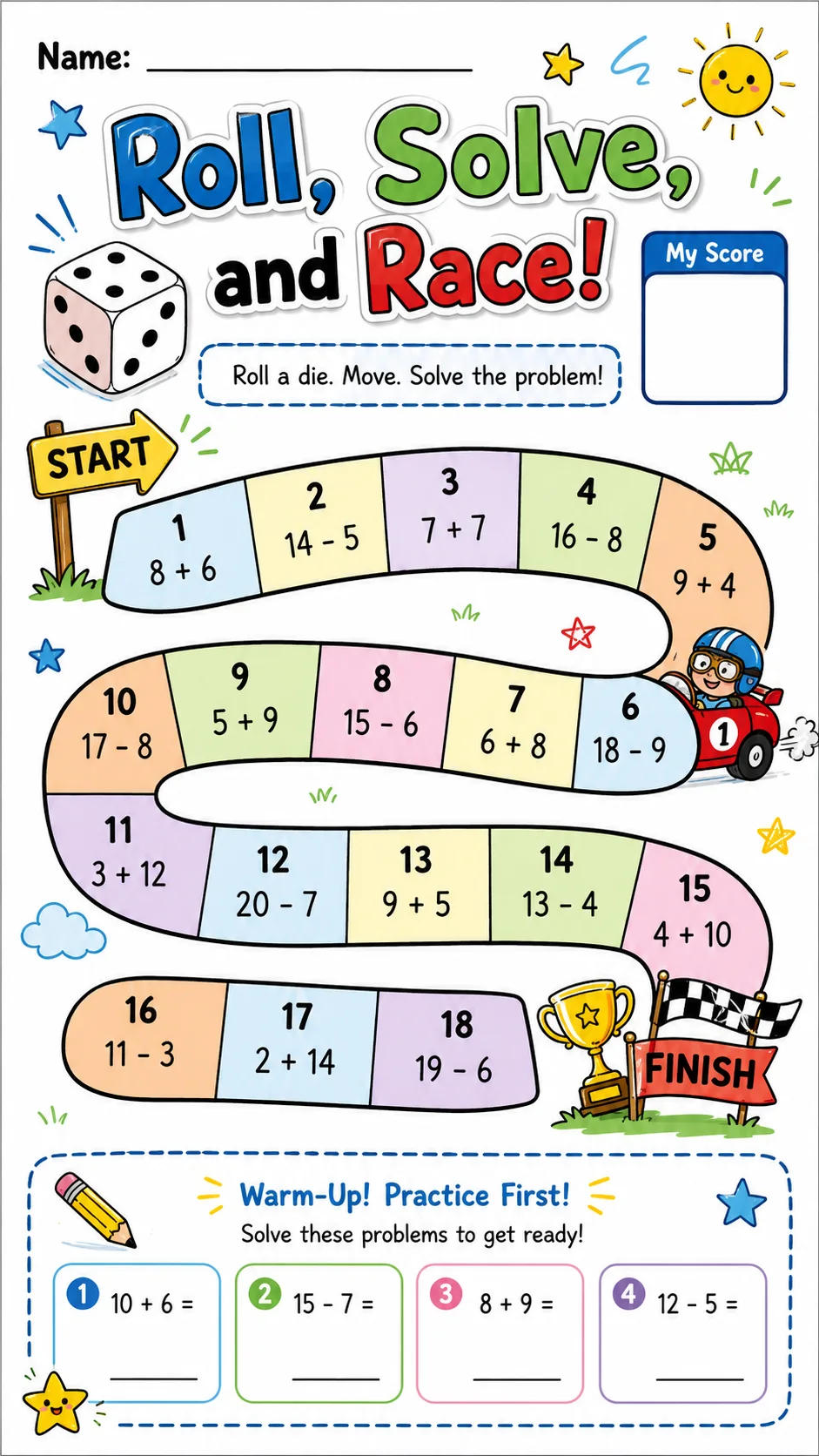 Roll, Solve, and Race! printable Grade 2 worksheet preview from KiwiBee