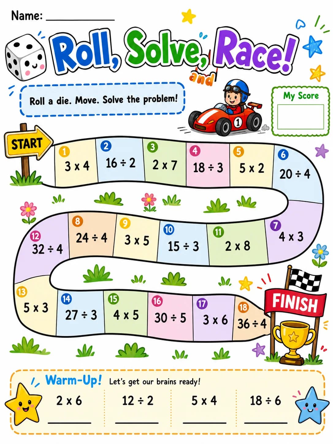 Roll, Solve, and Race! - Set 2 printable Grade 2 worksheet preview from KiwiBee