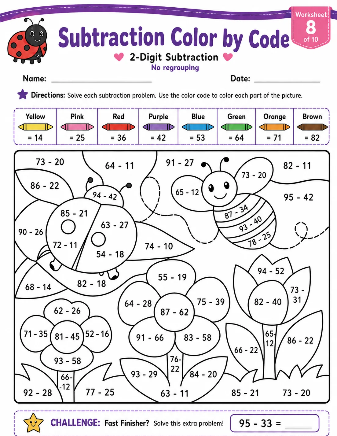 Subtraction Color by Code: 2-Digit Subtraction printable Grade 3 worksheet preview from KiwiBee