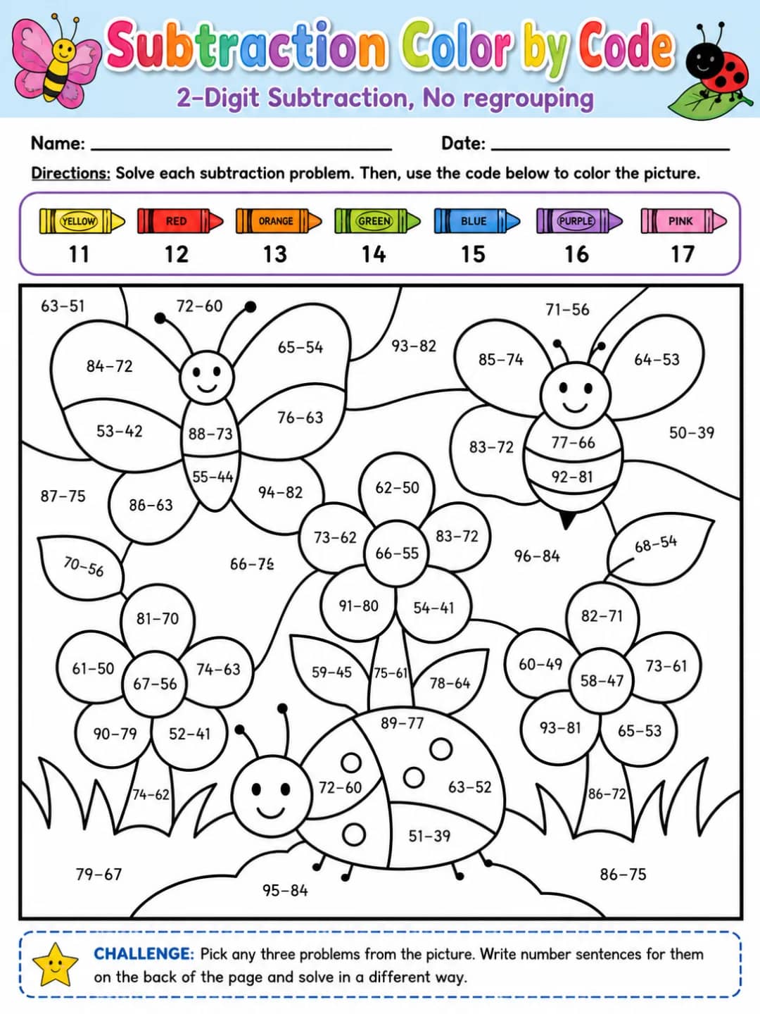 Subtraction Color by Code: 2-Digit Subtraction, No regrouping printable Grade 3 worksheet preview from KiwiBee