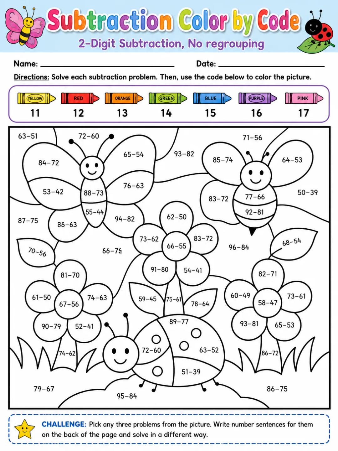 Subtraction Color by Code: 2-Digit Subtraction, No regrouping