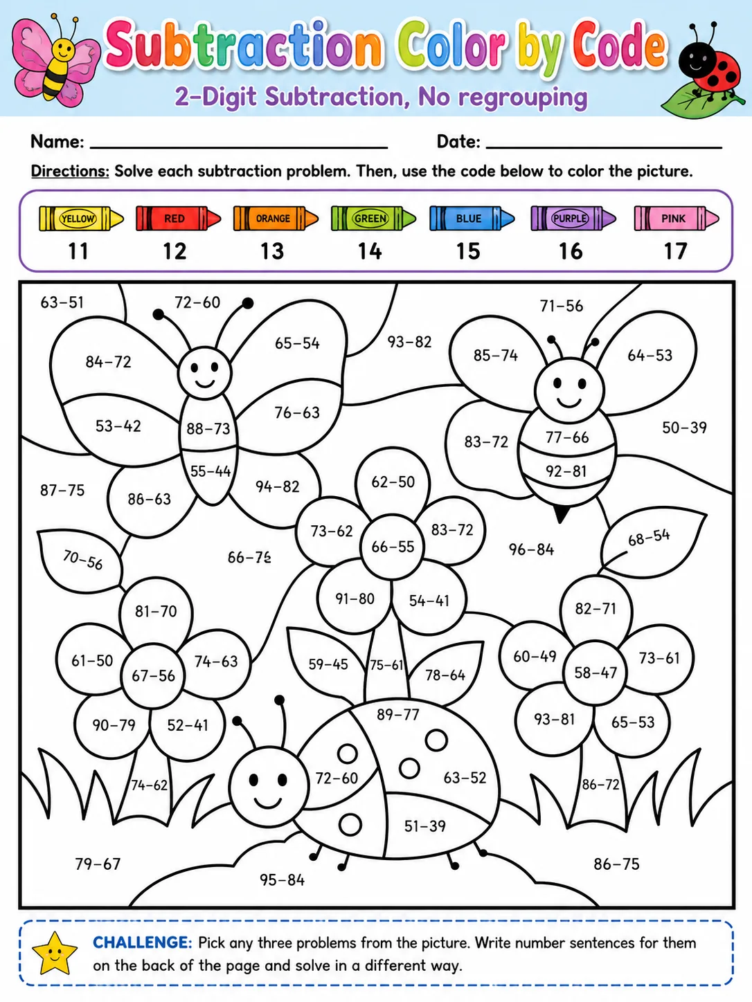 Subtraction Color by Code: 2-Digit Subtraction, No regrouping printable Grade 3 worksheet preview from KiwiBee