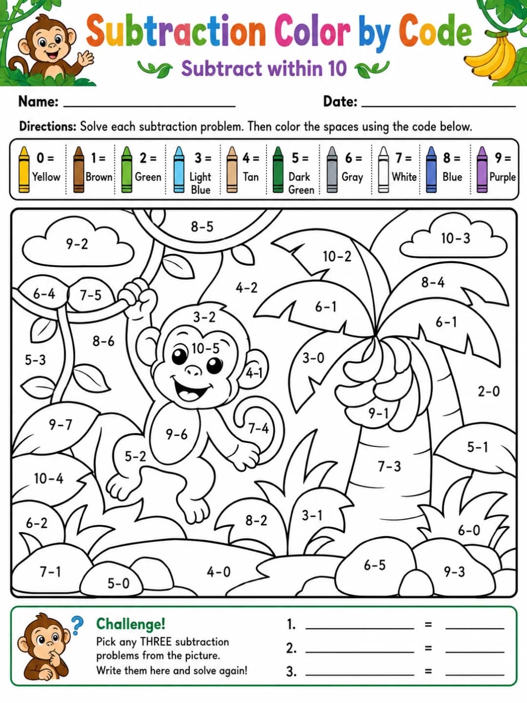 Subtraction Color by Code: Subtract within 10 printable Grade 1 worksheet preview from KiwiBee