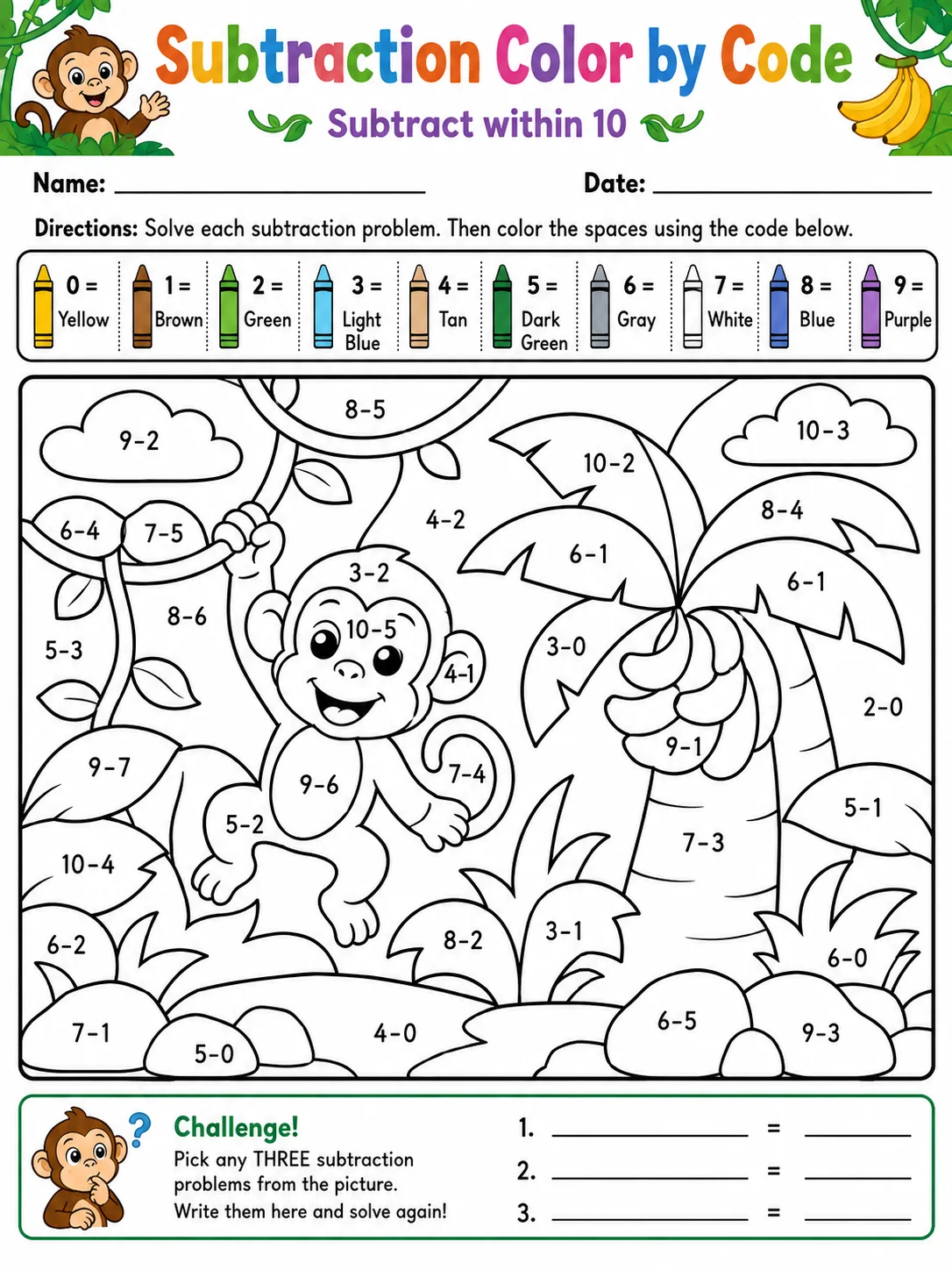 Subtraction Color by Code: Subtract within 10 printable Grade 1 worksheet preview from KiwiBee