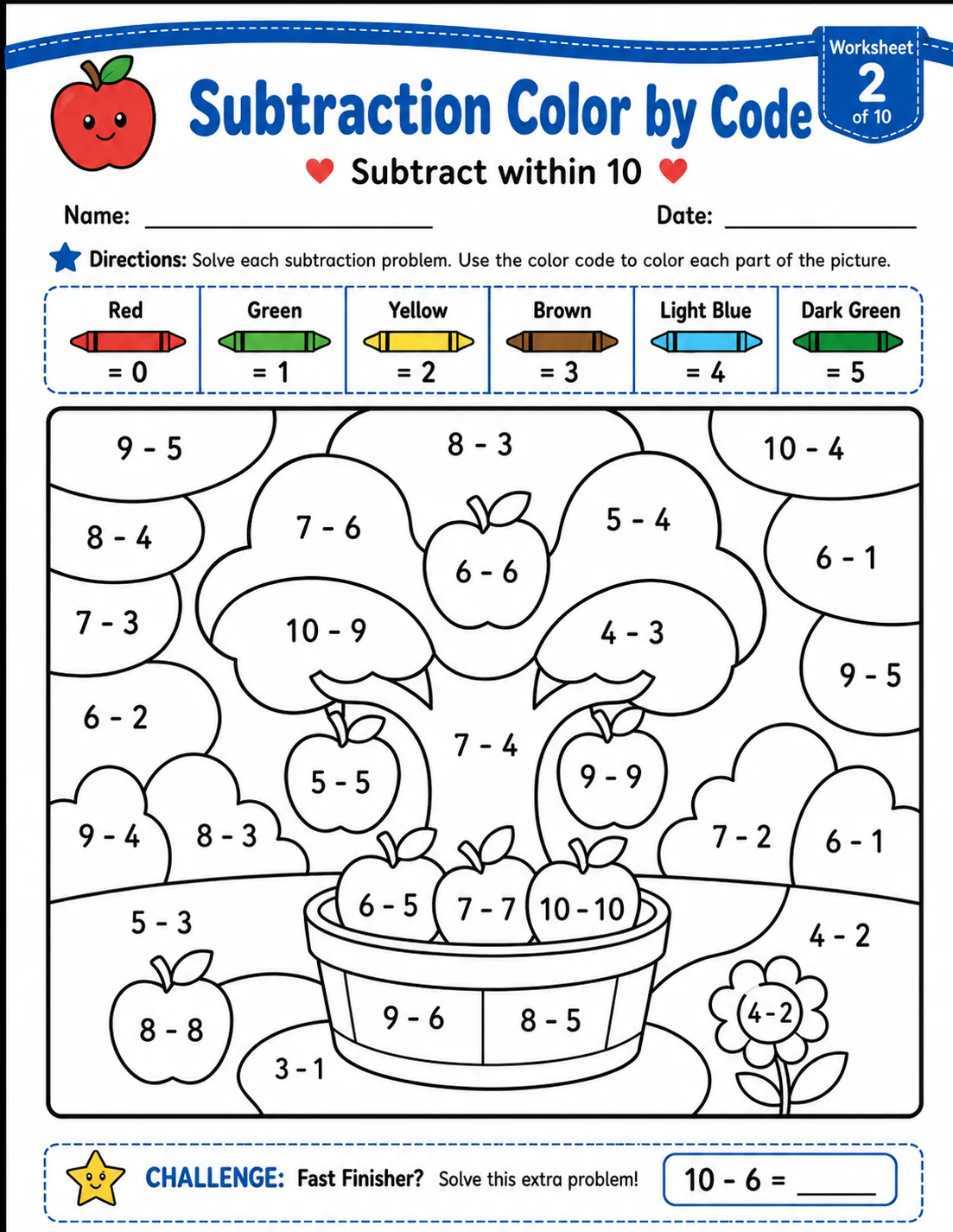 Subtraction Color by Code: ↓ Subtract within 10 ↓: Worksheet 2 printable Grade 1 worksheet preview from KiwiBee