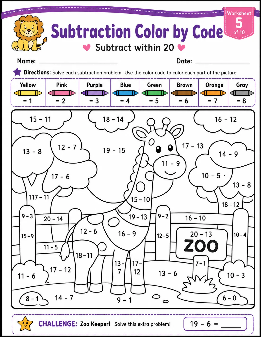 Subtraction Color by Code: Subtract within 20 printable Grade 2 worksheet preview from KiwiBee