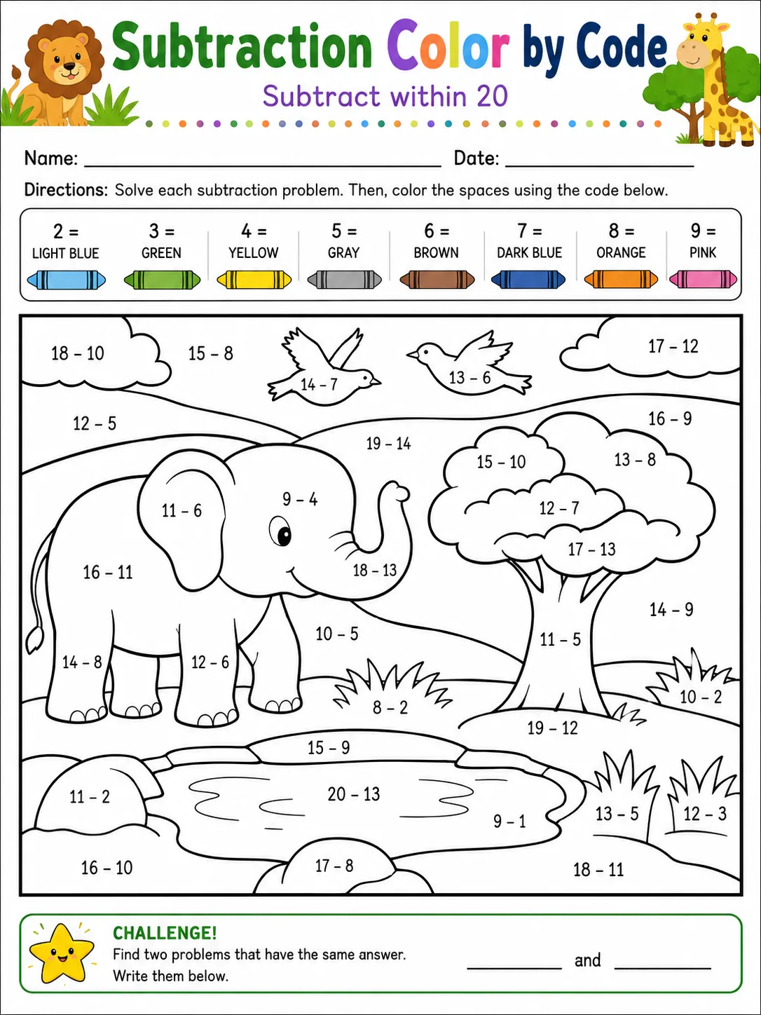Subtraction Color by Code: Subtract within 20 - Set 2 printable Grade 2 worksheet preview from KiwiBee