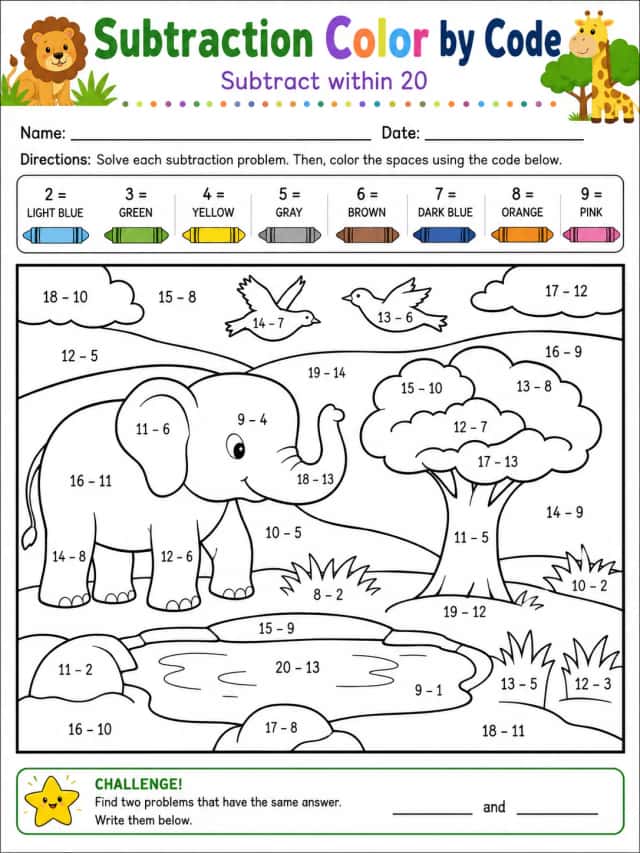 Subtraction Color by Code: Subtract within 20 - Set 2