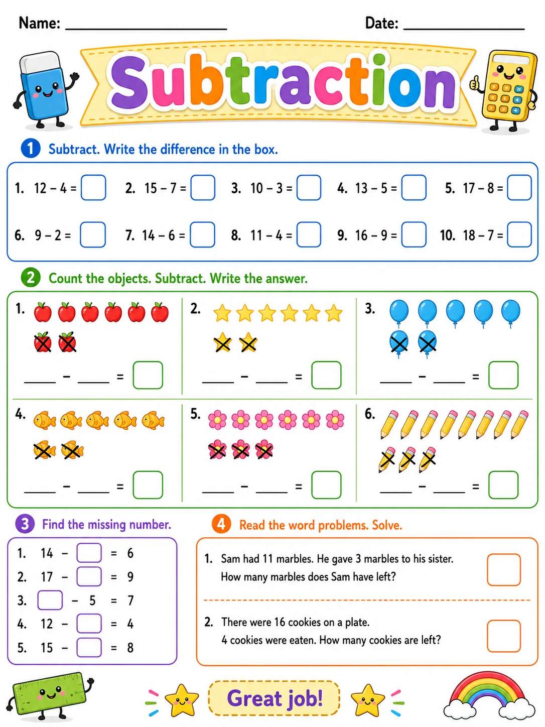 Subtraction printable Grade 2 worksheet preview from KiwiBee
