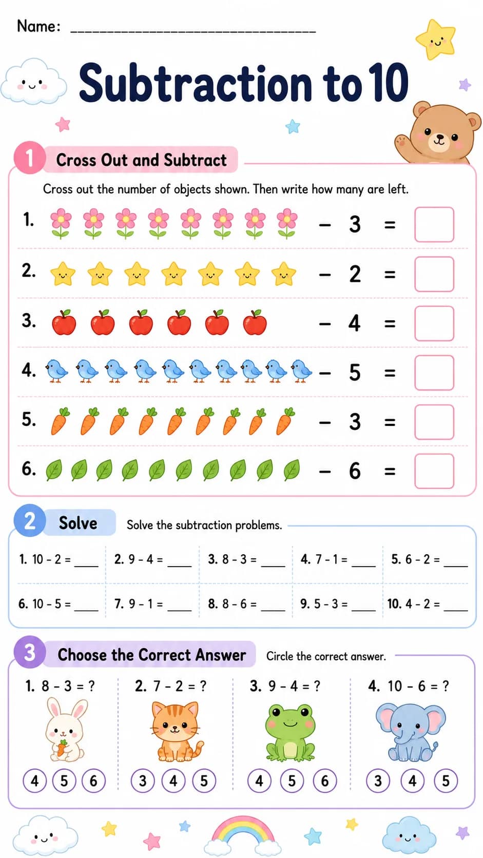 Subtraction to 10 printable Grade 1 worksheet preview from KiwiBee