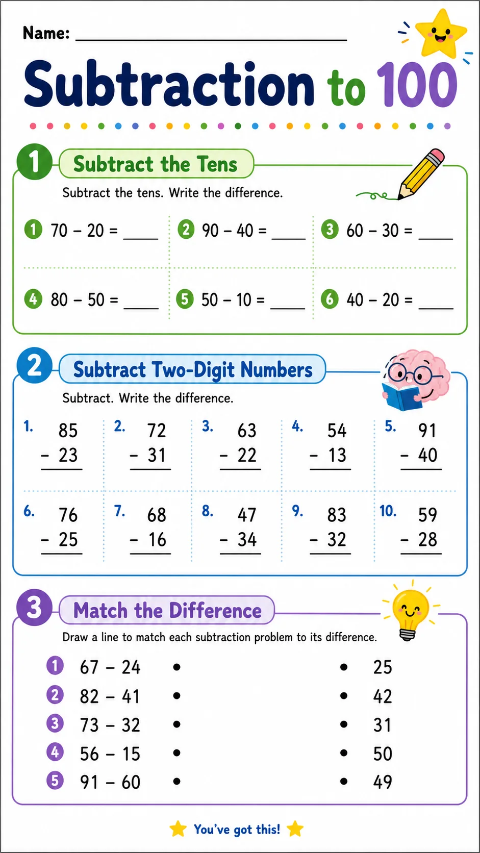 Subtraction to 10 printable Grade 3 worksheet preview from KiwiBee