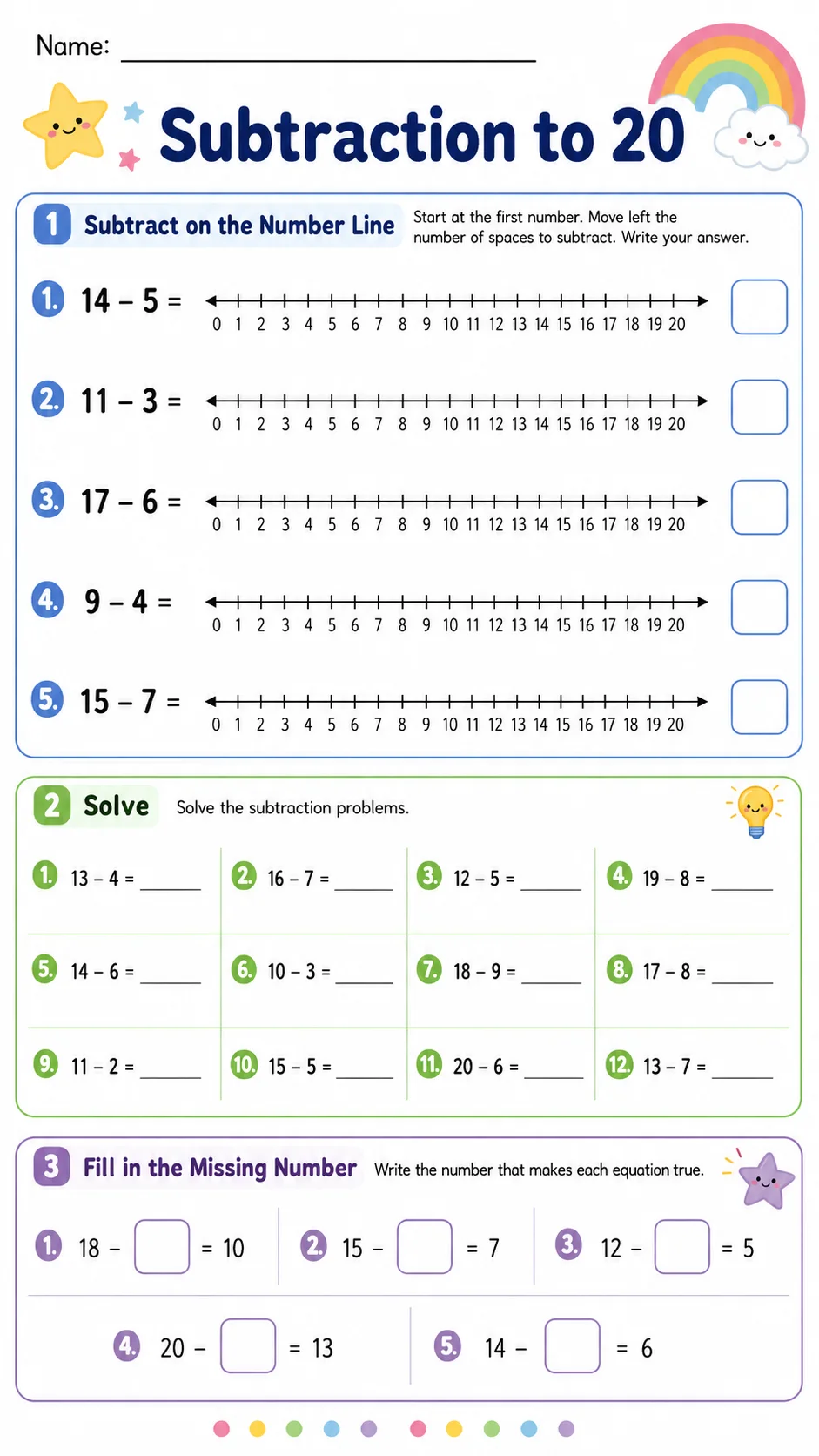 Subtraction to 20 printable Grade 2 worksheet preview from KiwiBee