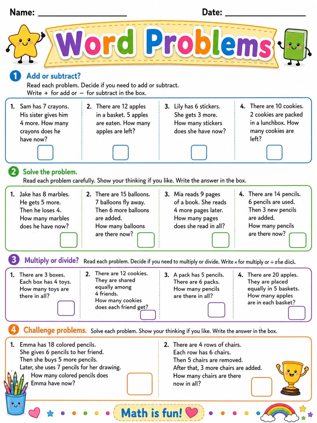 Word Problems printable Grade 2 worksheet preview from KiwiBee