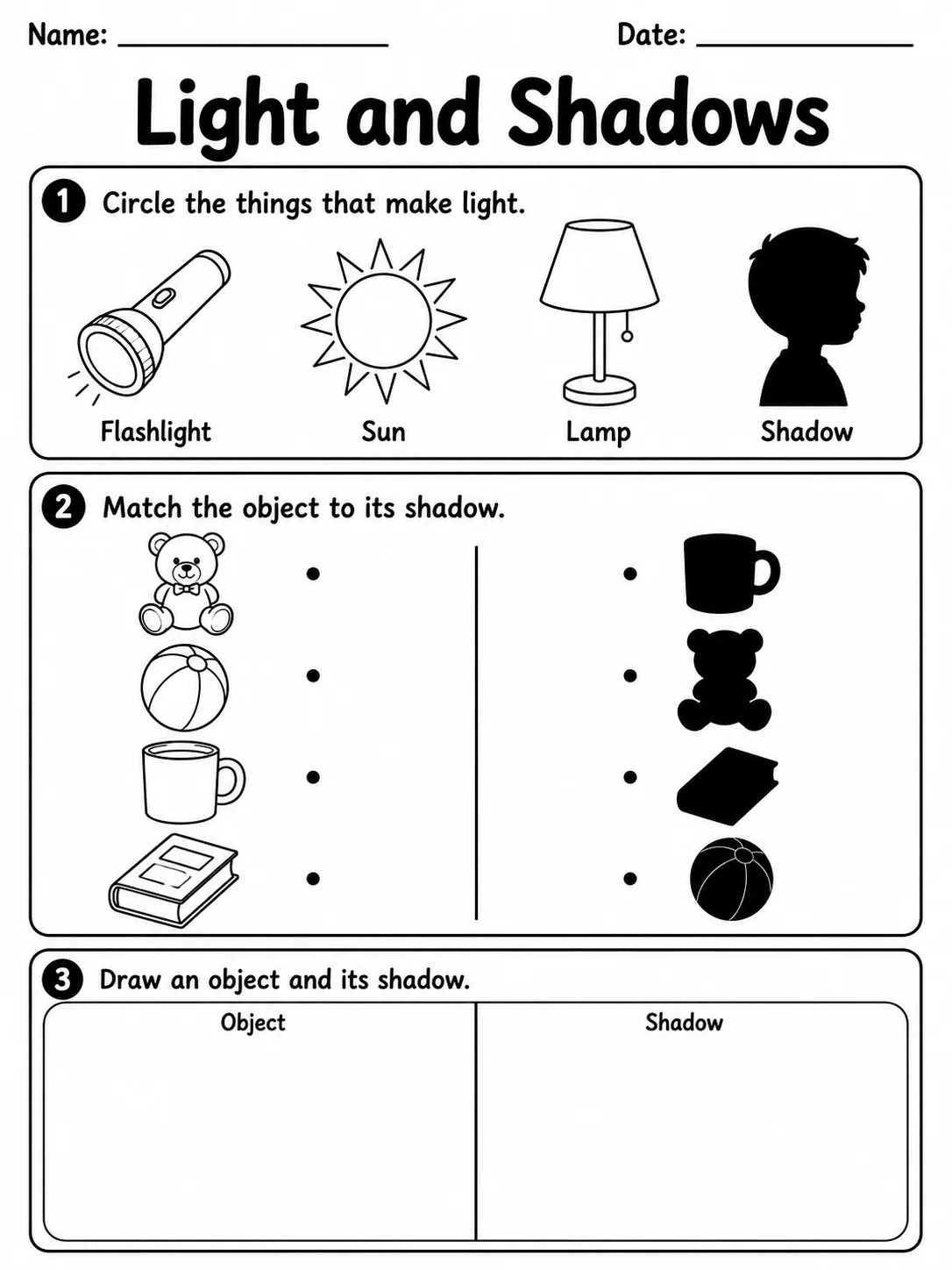 Light and Shadows printable Grade 2 worksheet preview from KiwiBee