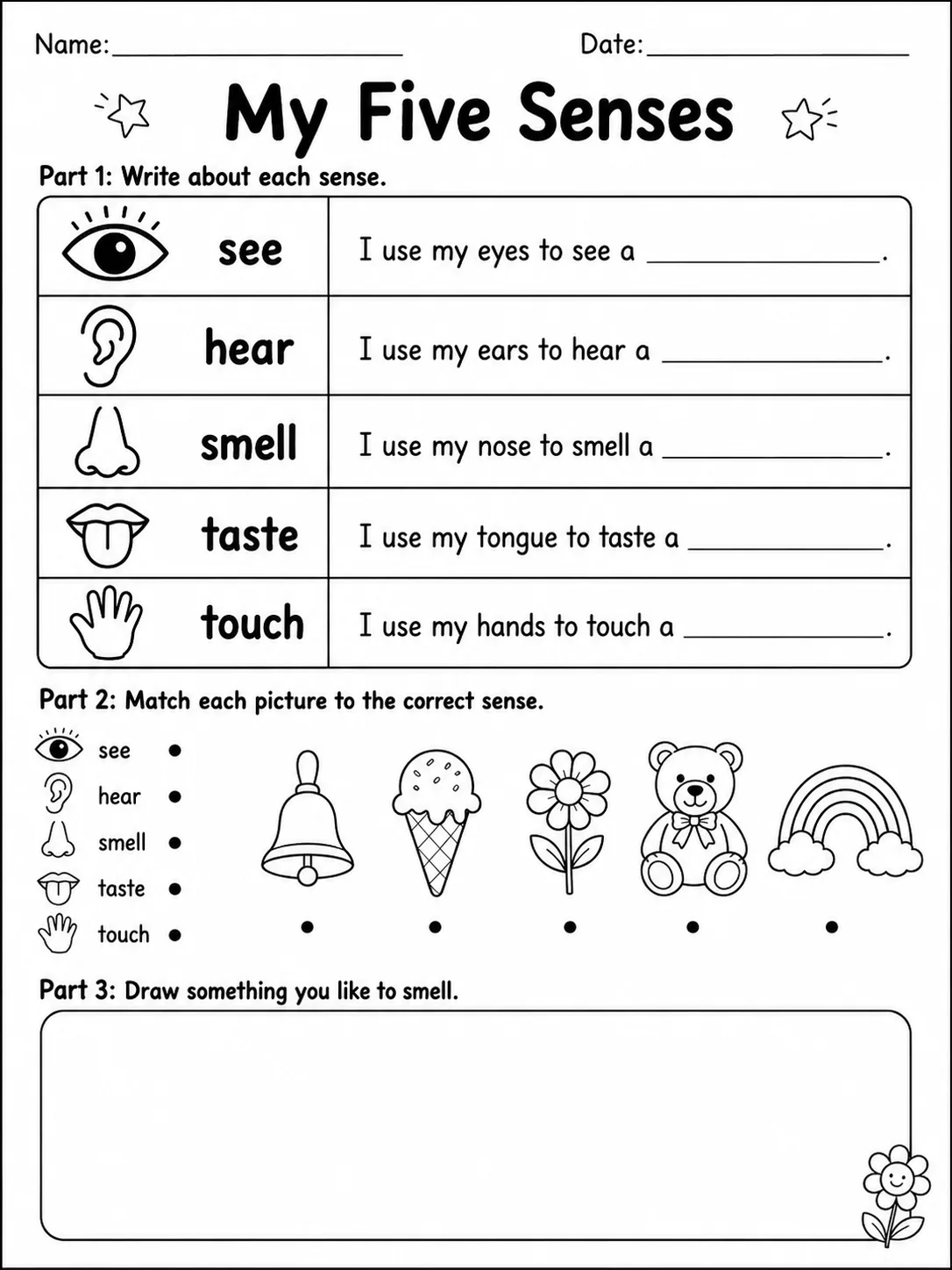 My Five Senses printable Grade 2 worksheet preview from KiwiBee