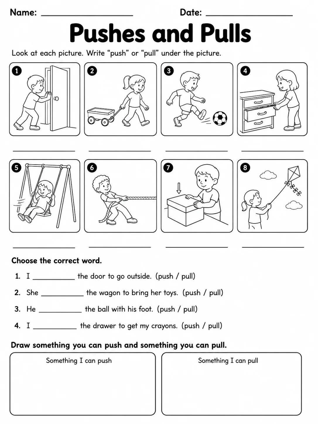 Pushes and Pulls printable Grade 2 worksheet preview from KiwiBee