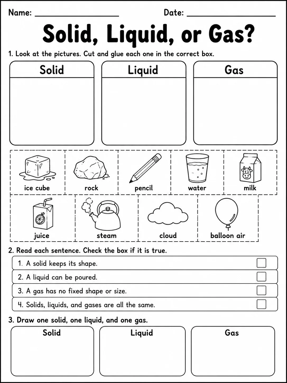 Solid, Liquid, or Gas? printable Grade 2 worksheet preview from KiwiBee