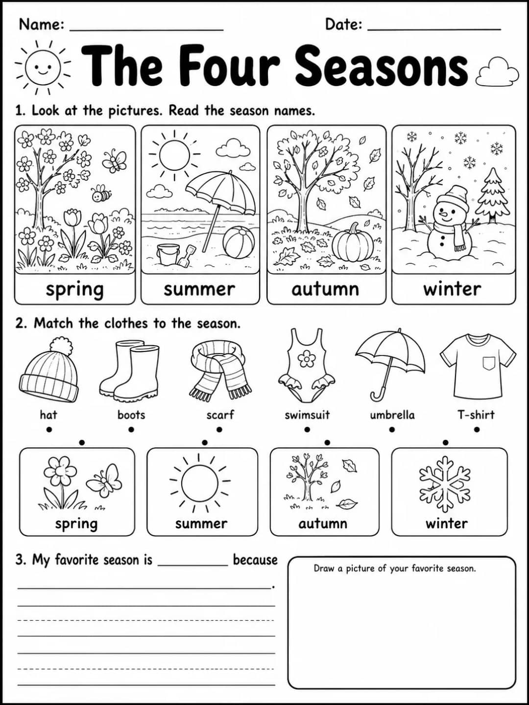 The Four Seasons printable Grade 2 worksheet preview from KiwiBee