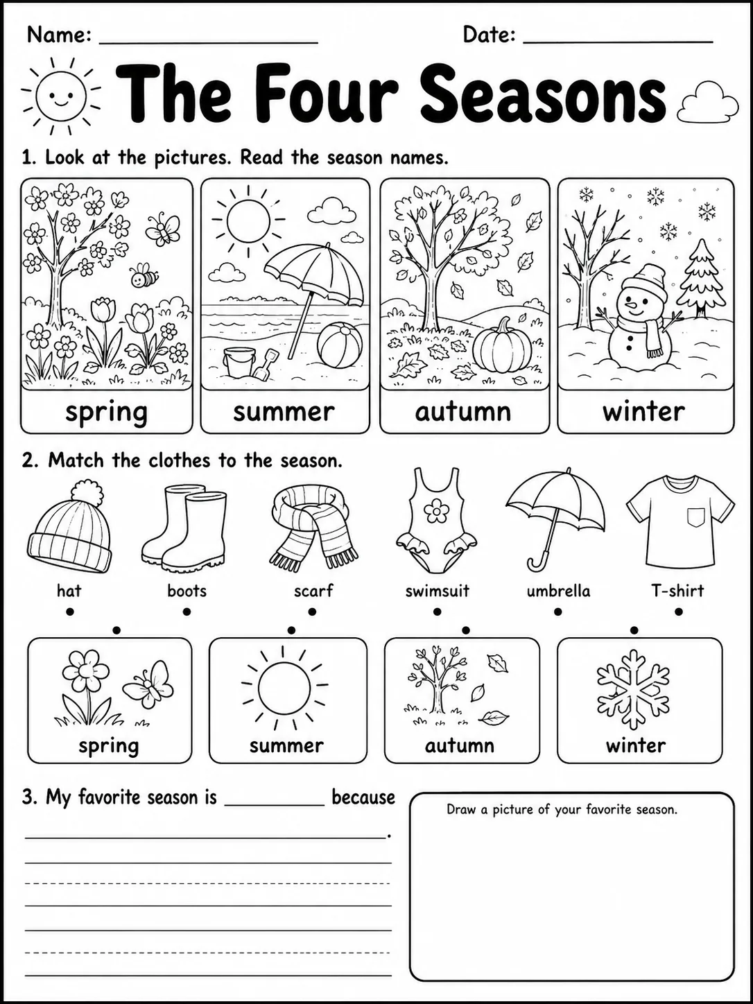 The Four Seasons printable Grade 2 worksheet preview from KiwiBee
