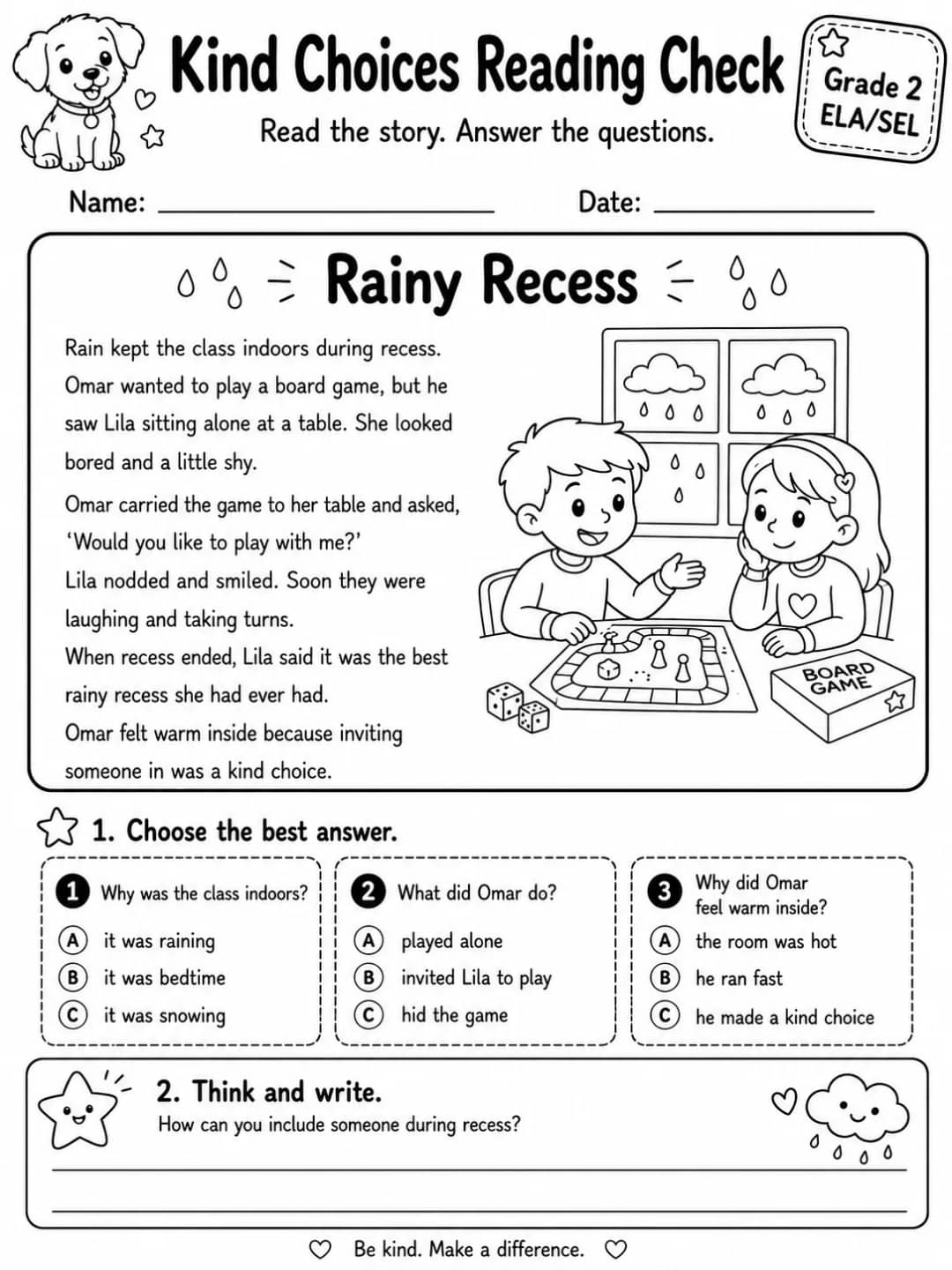 Kind Choices Reading Check printable Grade 2 worksheet preview from KiwiBee