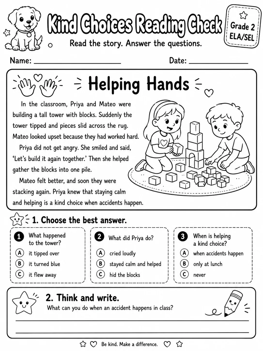 Kind Choices Reading Check: Helping Hands printable Grade 2 worksheet preview from KiwiBee