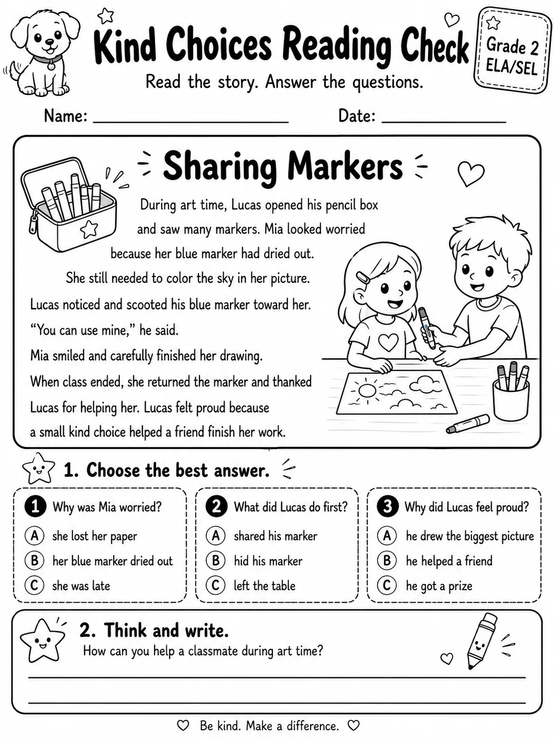 Kind Choices Reading Check: Sharing Markers printable Grade 2 worksheet preview from KiwiBee