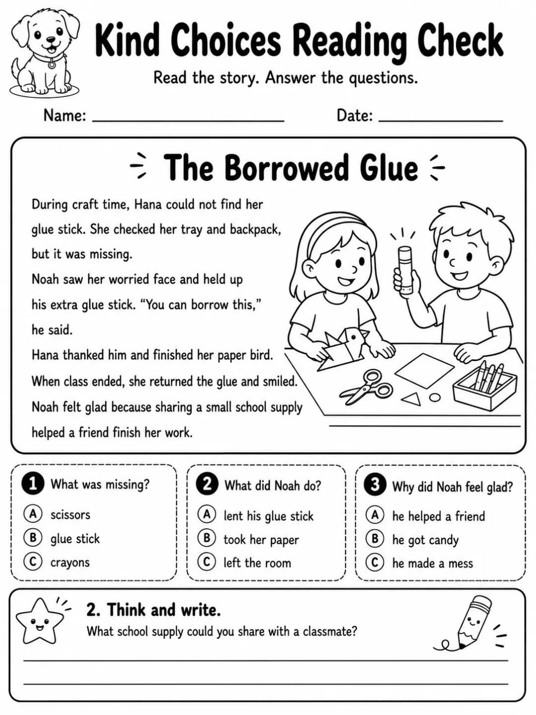 Kind Choices Reading Check: The Borrowed Glue printable Grade 2 worksheet preview from KiwiBee