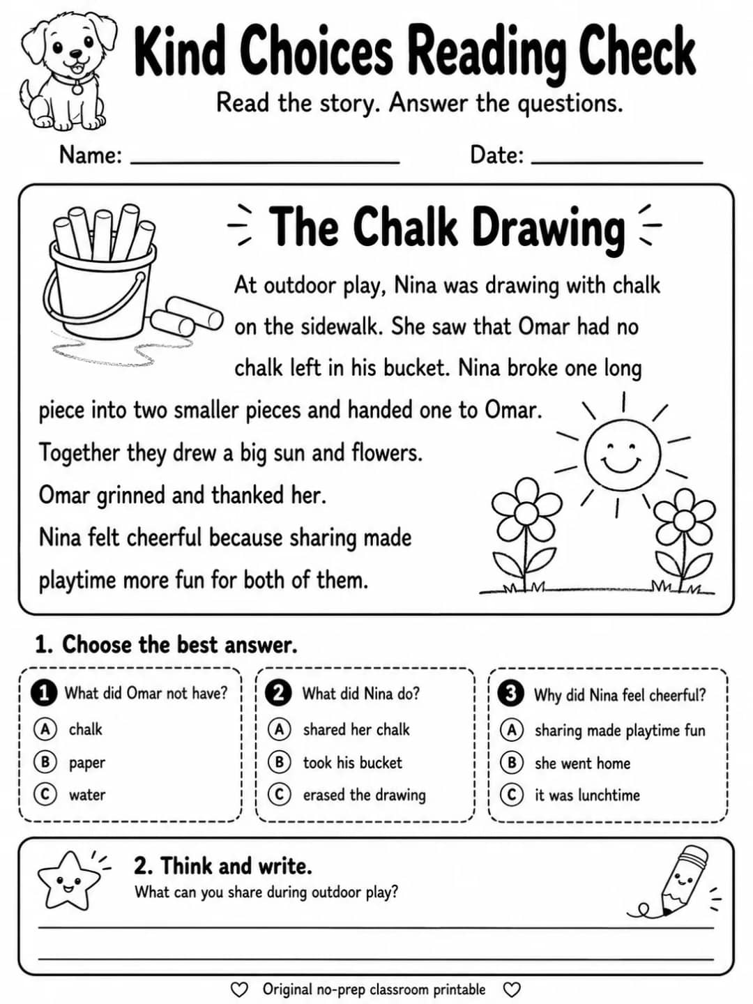 Kind Choices Reading Check: The Chalk Drawing printable Grade 2 worksheet preview from KiwiBee