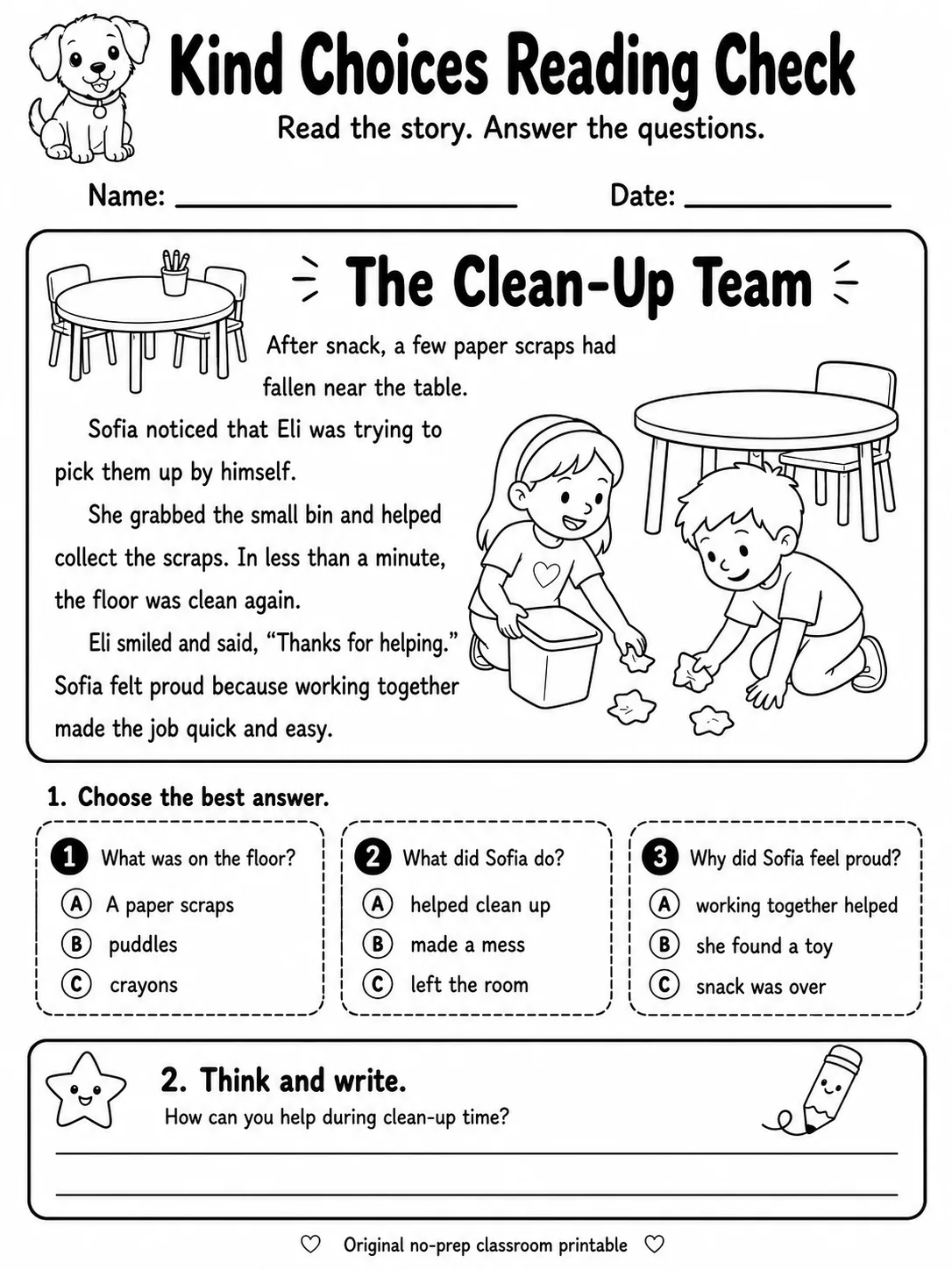 Kind Choices Reading Check: The Clean-Up Team printable Grade 2 worksheet preview from KiwiBee