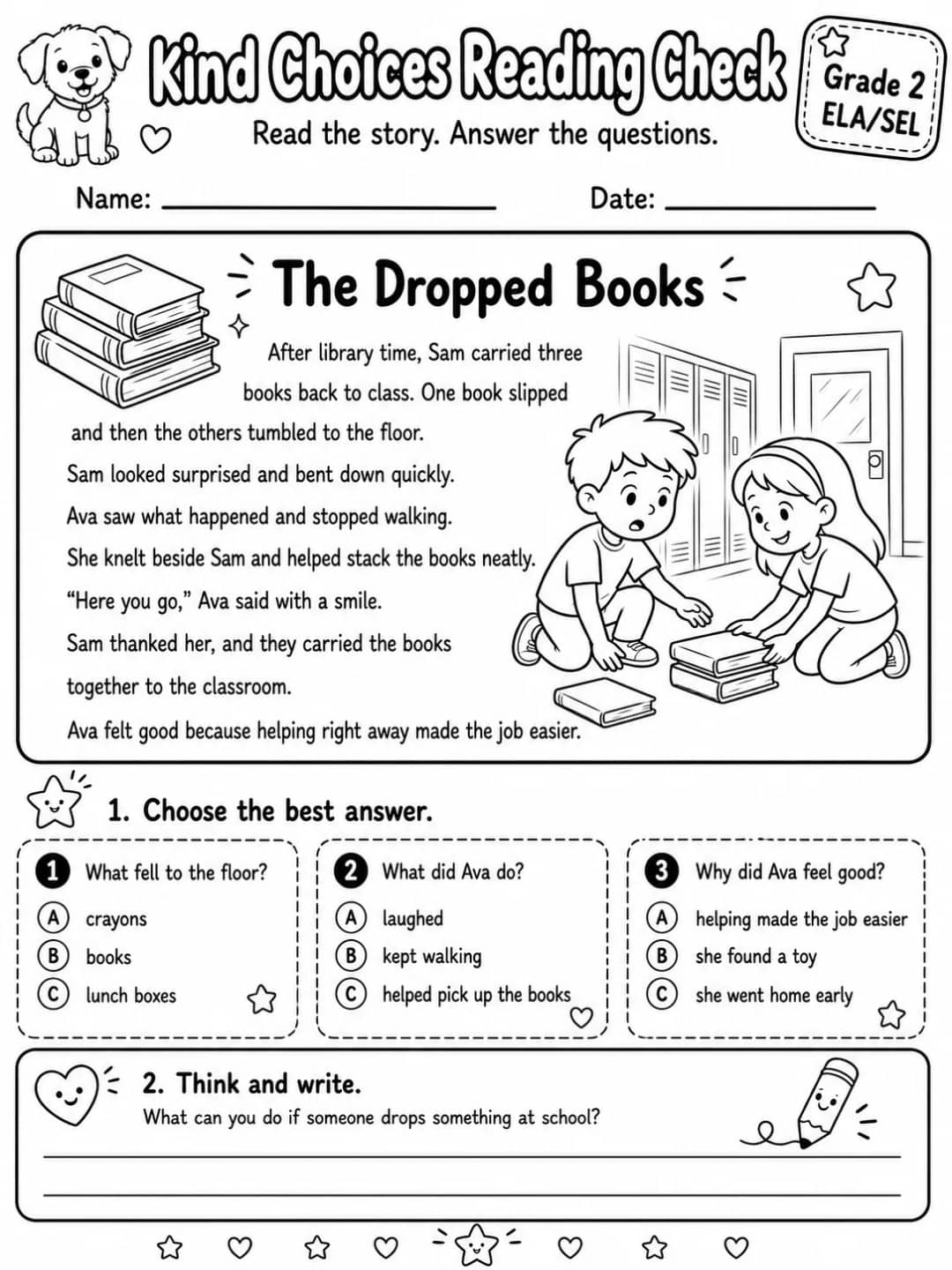 Kind Choices Reading Check: The Dropped Books printable Grade 2 worksheet preview from KiwiBee