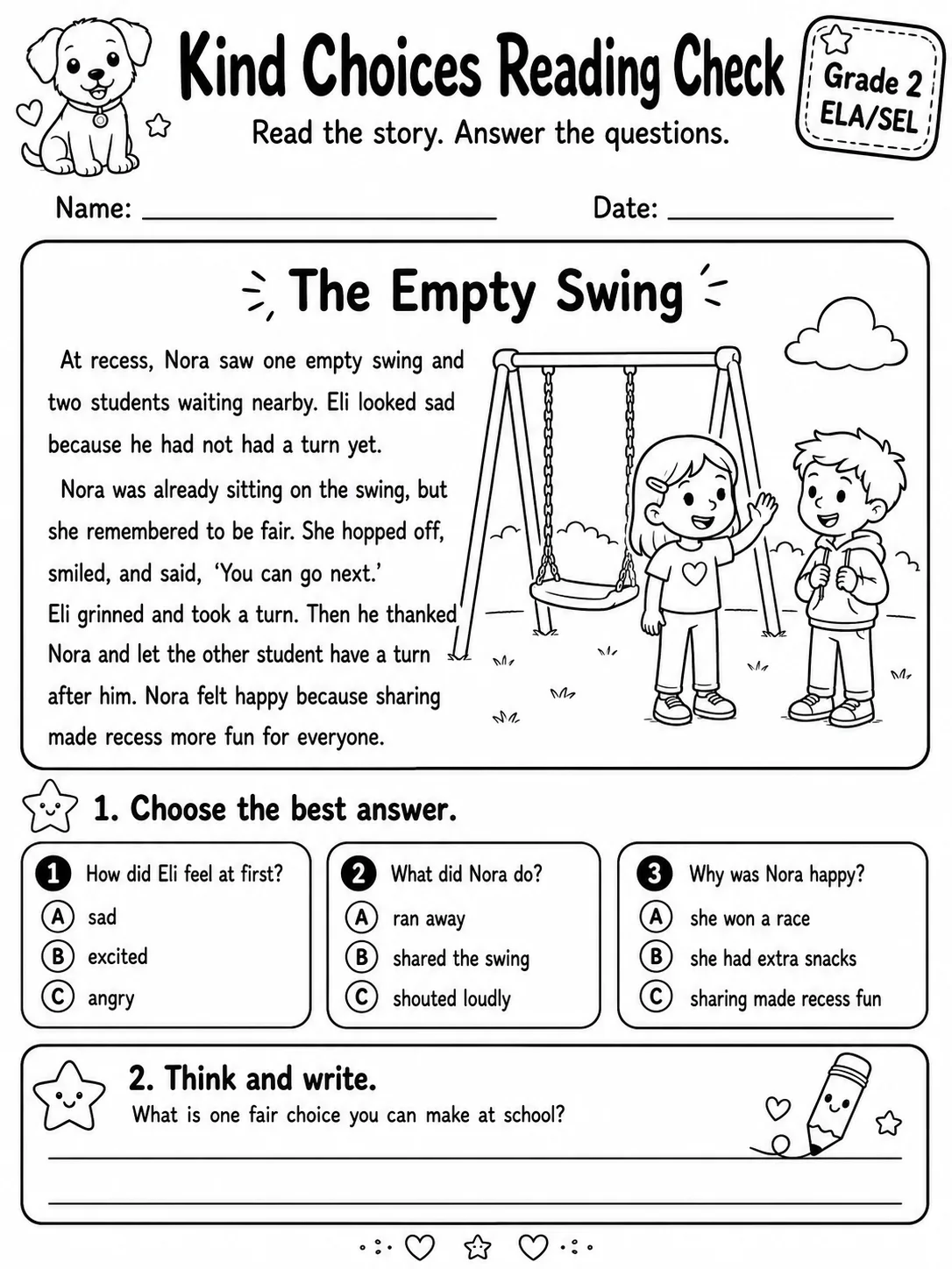 Kind Choices Reading Check: The Empty Swing printable Grade 2 worksheet preview from KiwiBee