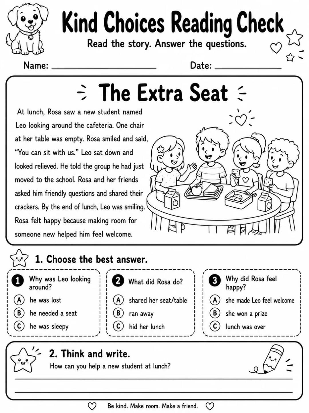 Kind Choices Reading Check: The Extra Seat printable Grade 2 worksheet preview from KiwiBee