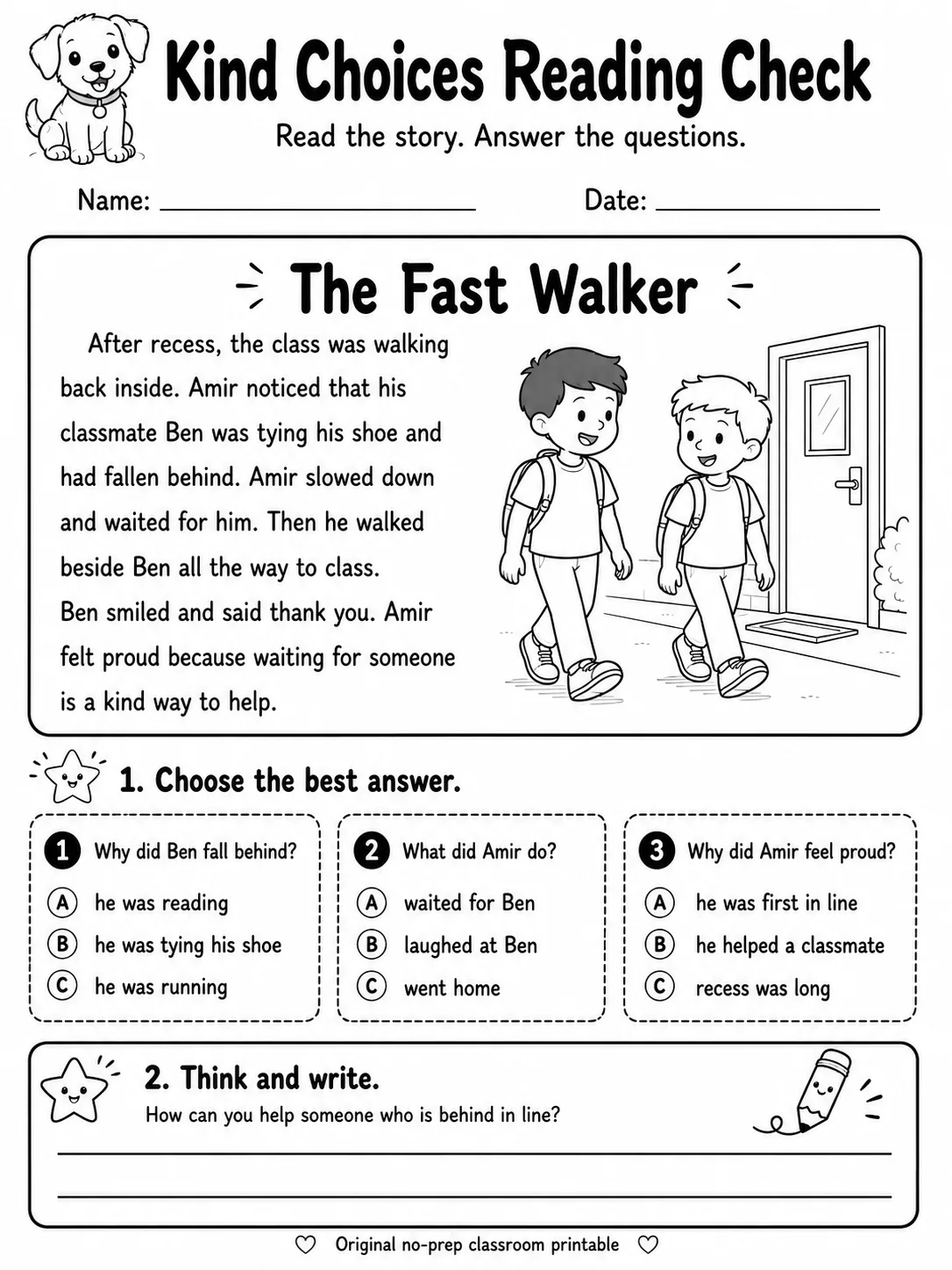Kind Choices Reading Check: The Fast Walker printable Grade 2 worksheet preview from KiwiBee